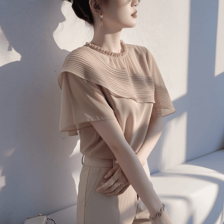 프랑스식 부드러운 바람 프릴 반팔 맨위 여성 슬림해 보이는 빛 럭셔리 우아함 빅 사이즈 여성 의류 이미지 4