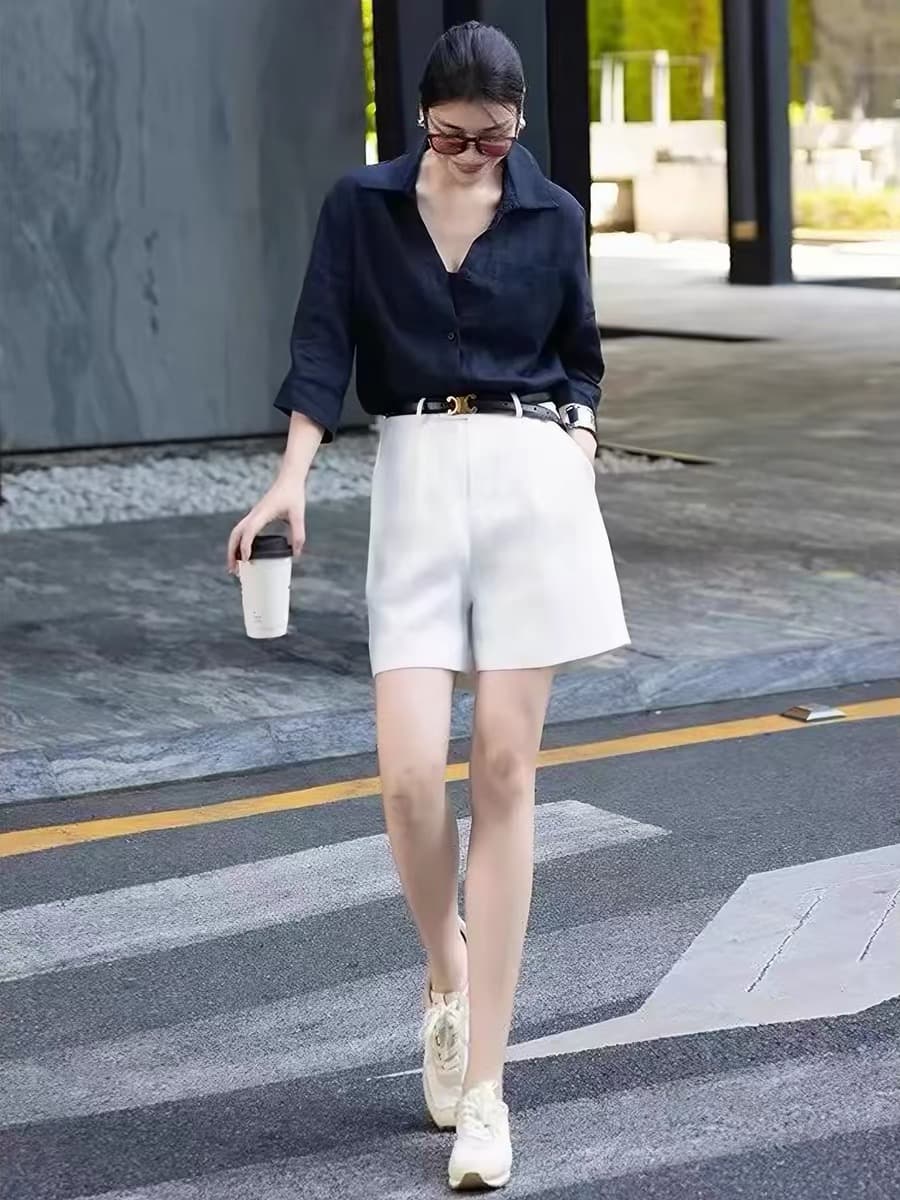 초여름 착용 가져 가라. 전체 집합 작은 키 프랑스식 패션 그레이트 과소 평가 요리 한 바람 셔츠 반바지 세트 이미지 4