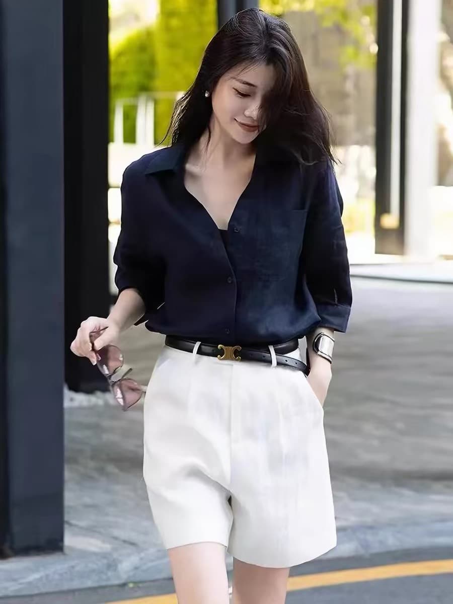 초여름 착용 가져 가라. 전체 집합 작은 키 프랑스식 패션 그레이트 과소 평가 요리 한 바람 셔츠 반바지 세트 상세 이미지 5