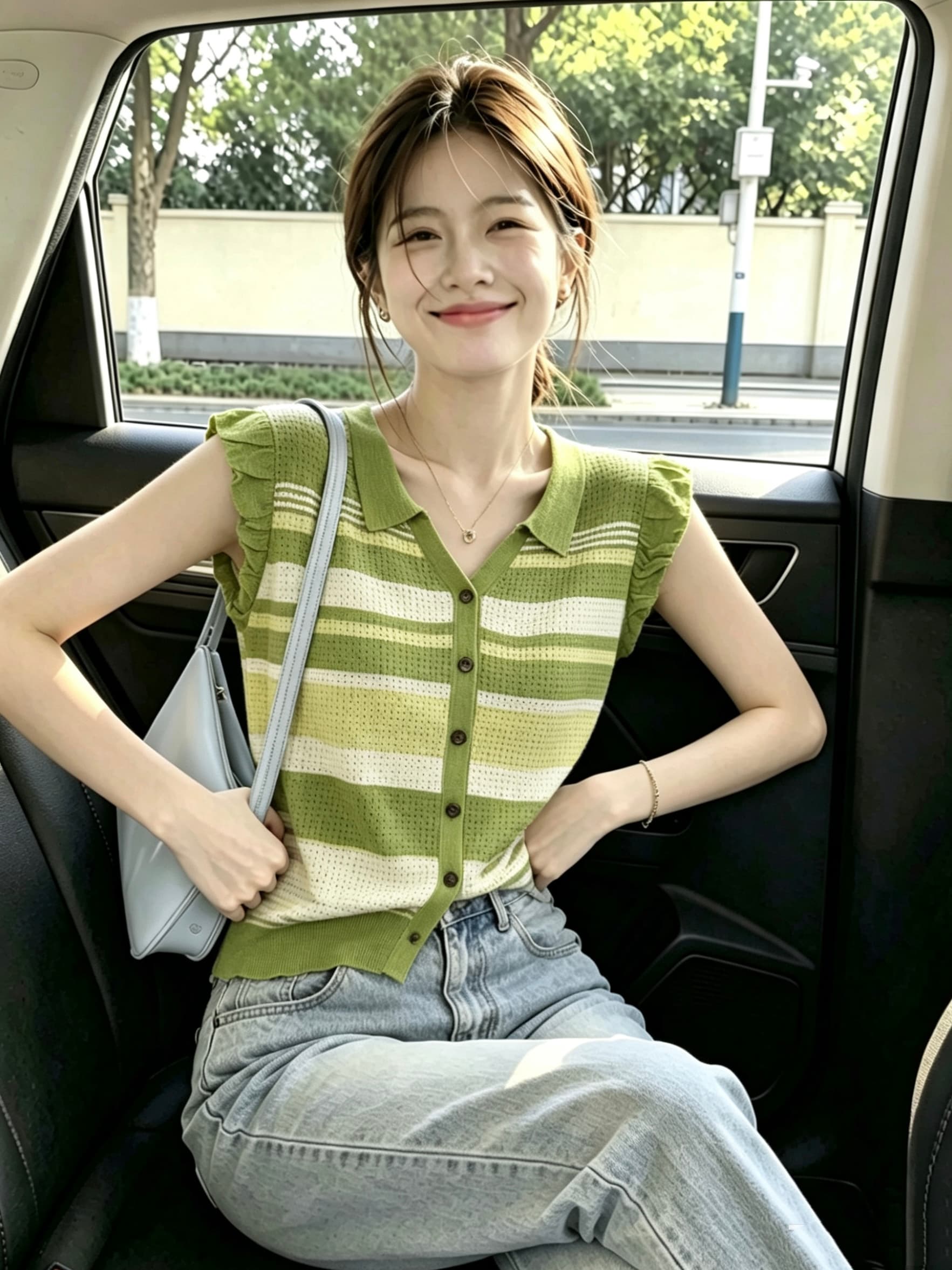 여름 얇은 스타일 POLO 칼라 민소매 쇼트 스타일 맨위 한 부서 작은 청신 스트라이프 니트 오픈 가디건 조끼 여자 이미지 2