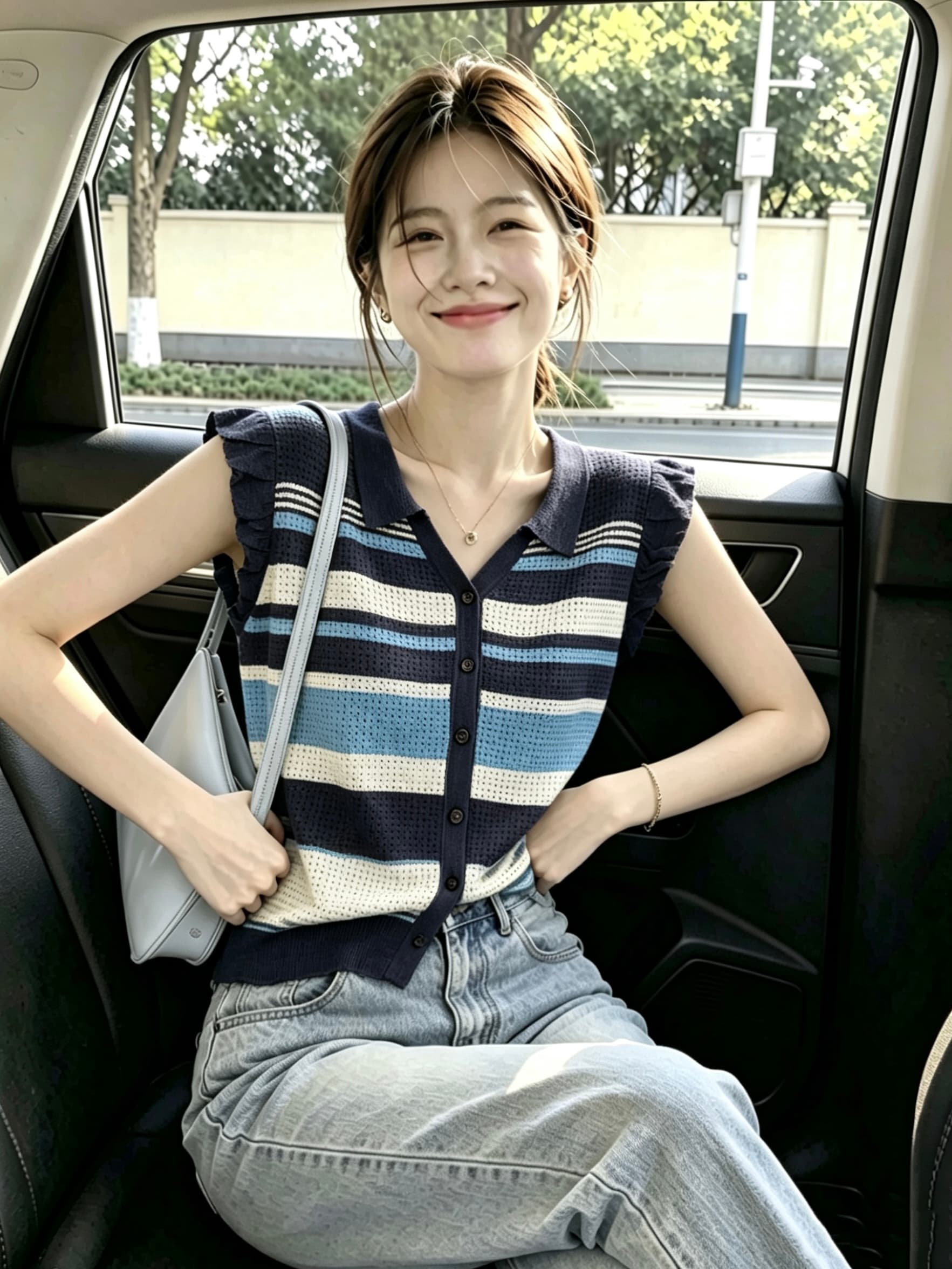 여름 얇은 스타일 POLO 칼라 민소매 쇼트 스타일 맨위 한 부서 작은 청신 스트라이프 니트 오픈 가디건 조끼 여자 이미지 3