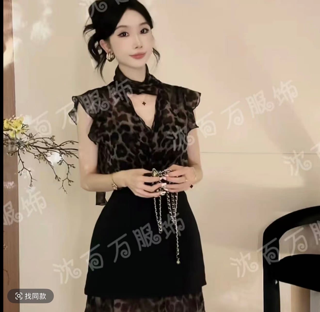 2026 새로운 패션 레오파드 무늬 민소매 셔츠 미니 스커트 반신 스커트 두 세트 고급 센스 품격 로얄 자매 바람 상세 이미지 3