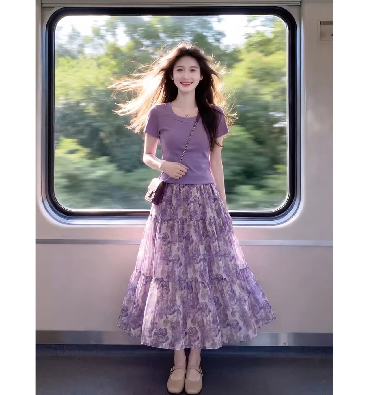 여름 폭발 고급 센스 외국 가스 라운드 넥 반팔 맨위 여성 빛 럭셔리 품격 연령 감소 꽃무늬 반신 스커트 투피스 세트 이미지 3