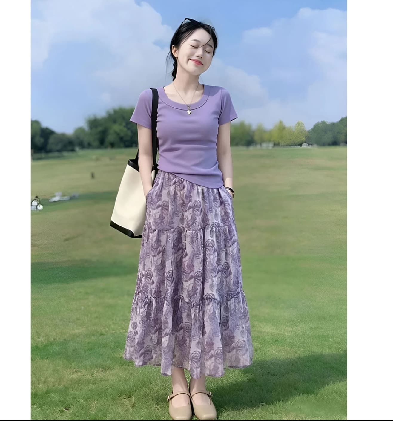 여름 폭발 고급 센스 외국 가스 라운드 넥 반팔 맨위 여성 빛 럭셔리 품격 연령 감소 꽃무늬 반신 스커트 투피스 세트 이미지 4