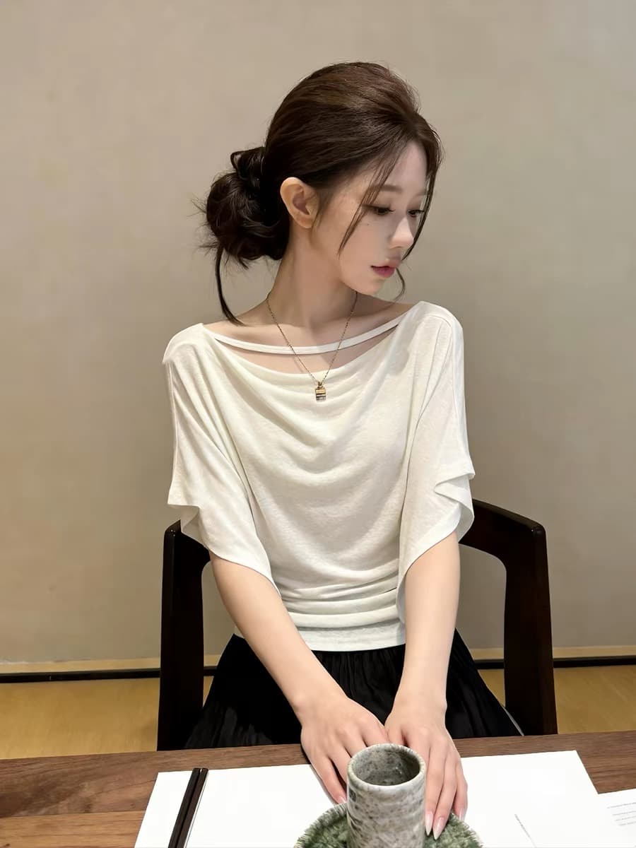 여름 새로운 오프숄더 불규칙 허리 수축 주름 품격 출퇴근 외출용 맨위 느슨함 센스 반팔 티셔츠 상세 이미지 1