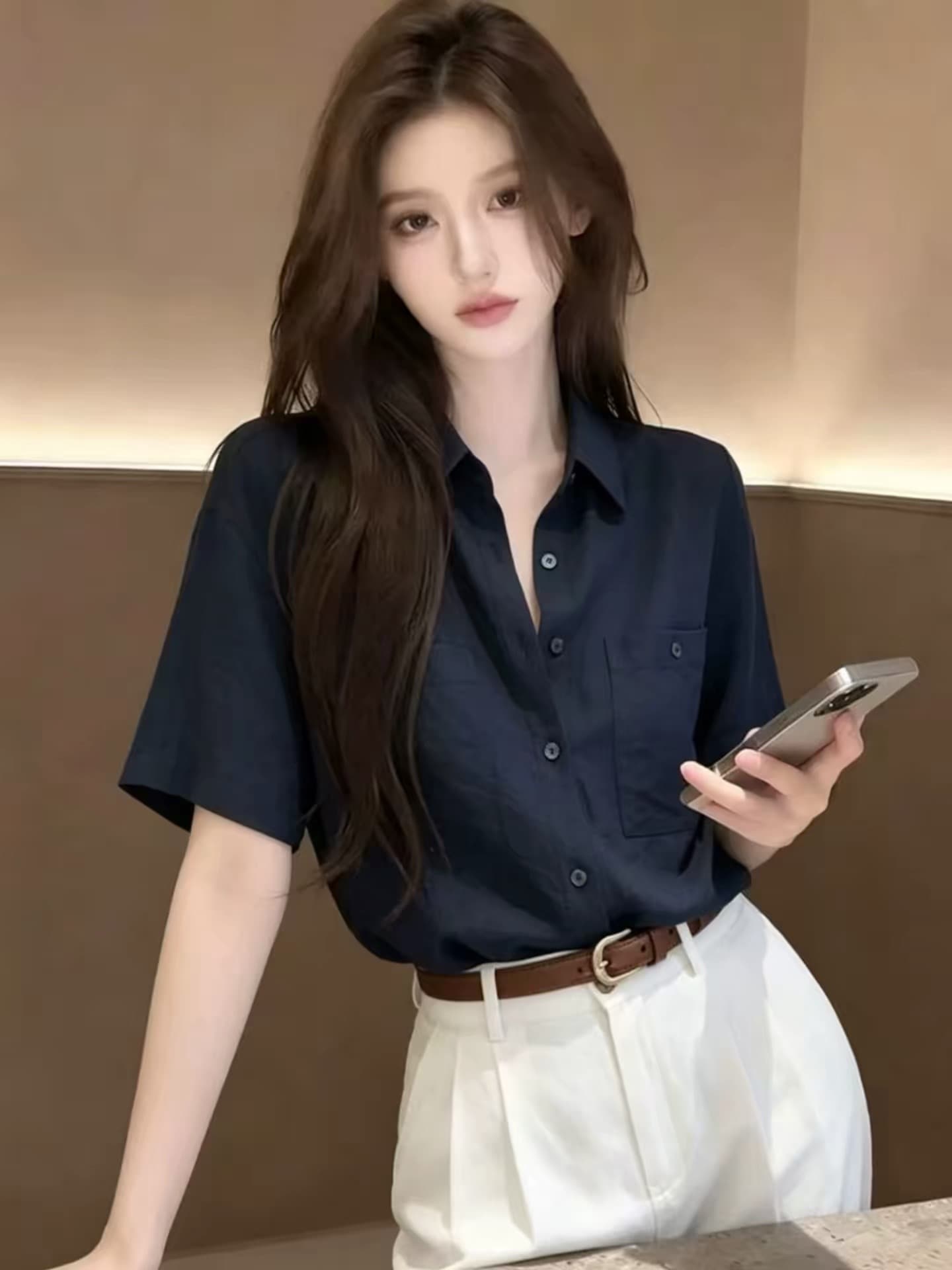 슬림해 보이는 실링 더블 주머니 품격 루즈핏 반팔 셔츠 편안함 통기성 여름 여성 질감 맨위