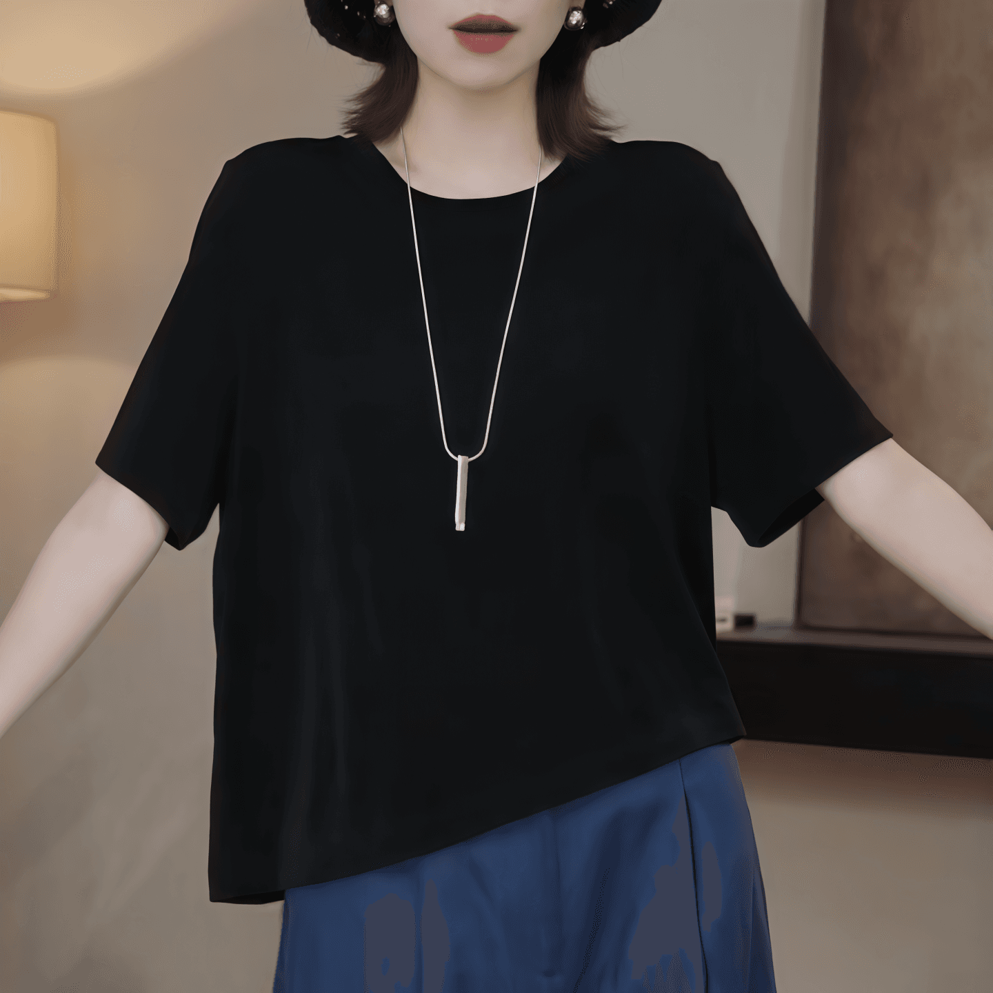 패션 불규칙 밑단 반팔 티셔츠 여성 2026 여름 새로운 외국 가스 루즈핏 캐주얼 슬림해 보이는 라운드 넥 맨위 상세 이미지 4