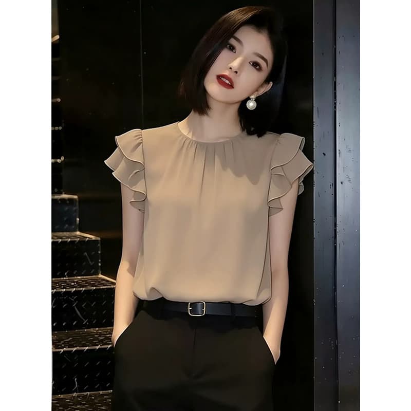 2026 여름 새로운 카키 색 라운드 넥 세련된 출퇴근 맨위 여성 상세 이미지 3