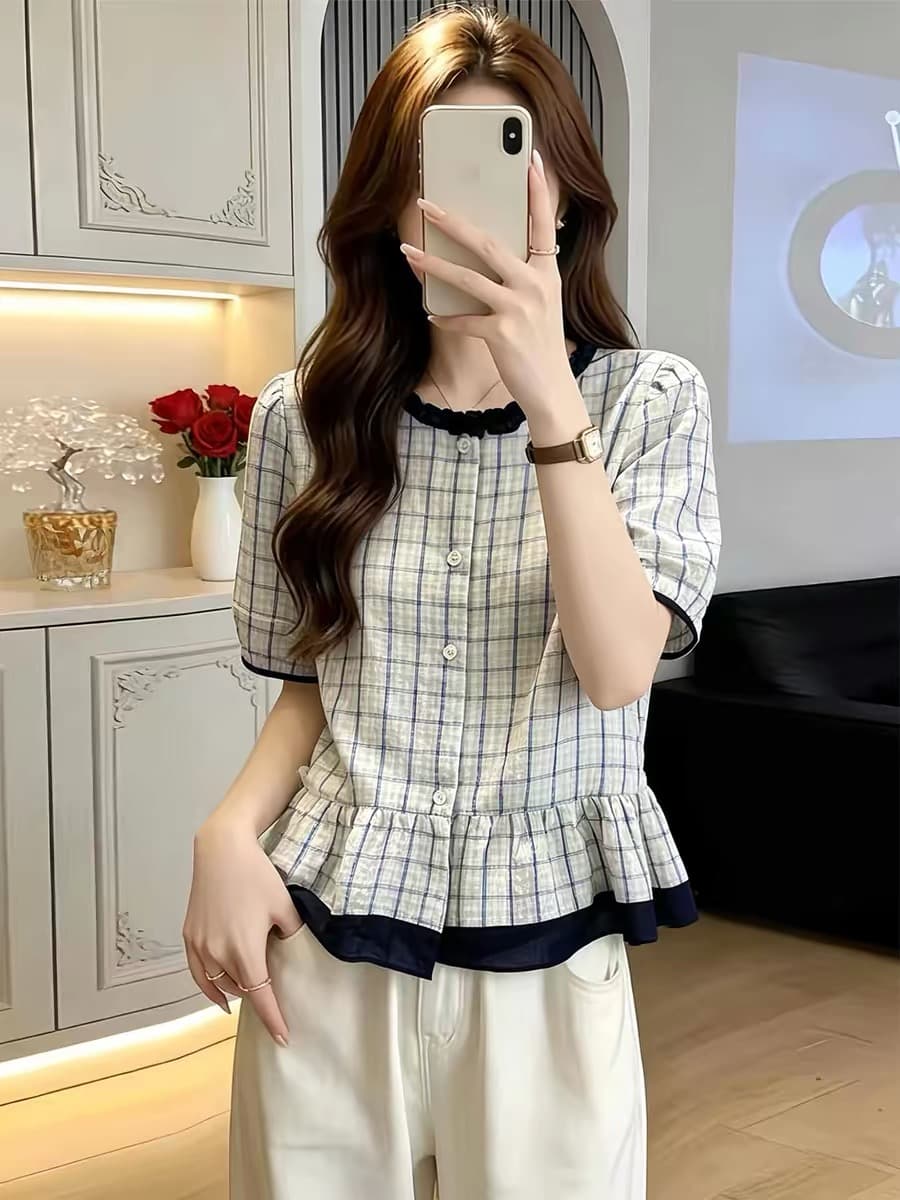 한 부서 프릴 체크무늬 반팔 여성 셔츠 여름 2026 새로운 루즈핏 슬림해 보이는 다용도 배색 작은 셔츠 맨위 상세 이미지 1