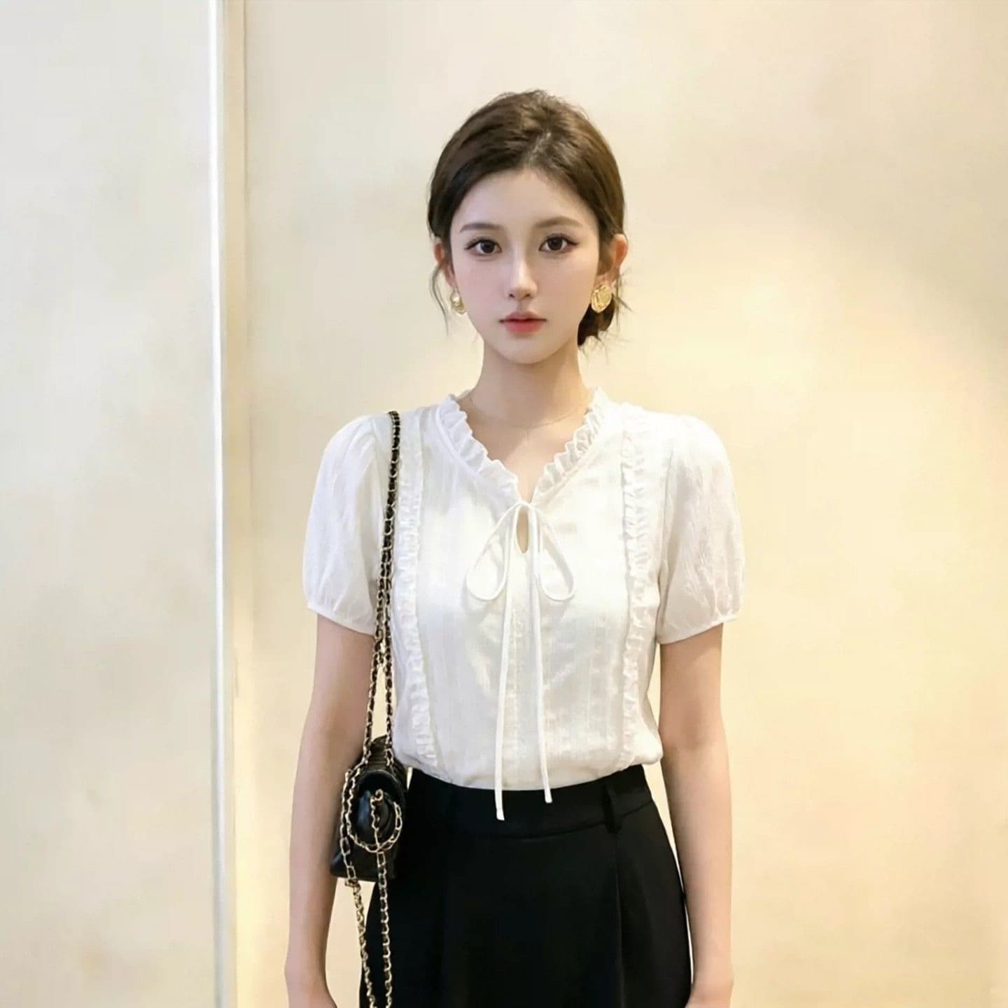 우아함 고급 센스 화이트 레이스 레이스업 반팔 여성 셔츠 여름 새로운 외국 가스 연령 감소 잘 생긴 루즈핏 셔츠 이미지 2