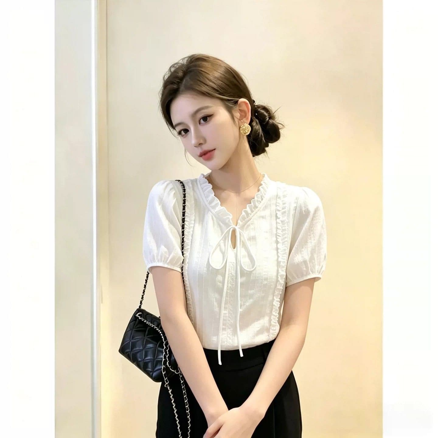 우아함 고급 센스 화이트 레이스 레이스업 반팔 여성 셔츠 여름 새로운 외국 가스 연령 감소 잘 생긴 루즈핏 셔츠 상세 이미지 3