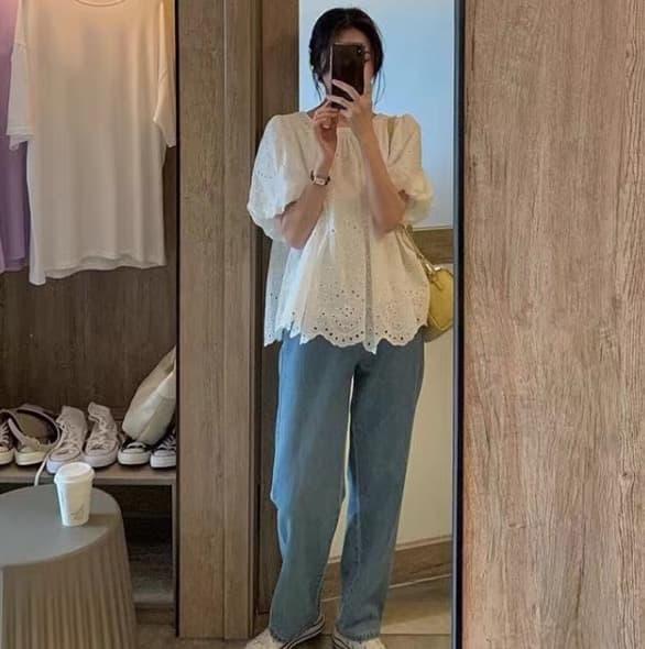 프랑스식 버블 반팔 화이트 여성 셔츠 여름 슬림해 보이는 인형 셔츠 디자인 센스 작은 대중 Chic 자수 홀로우 아웃 맨위 이미지 2