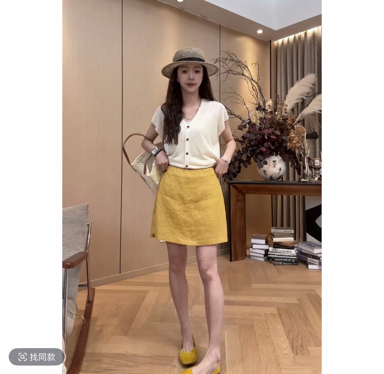 작은 조용한 잠시 2026 여름 섹션 다용도 V넥 싱글 줄 버튼 베이지 색 날다 소매 짠 셔츠 맨위 바지 세트 상세 이미지 2