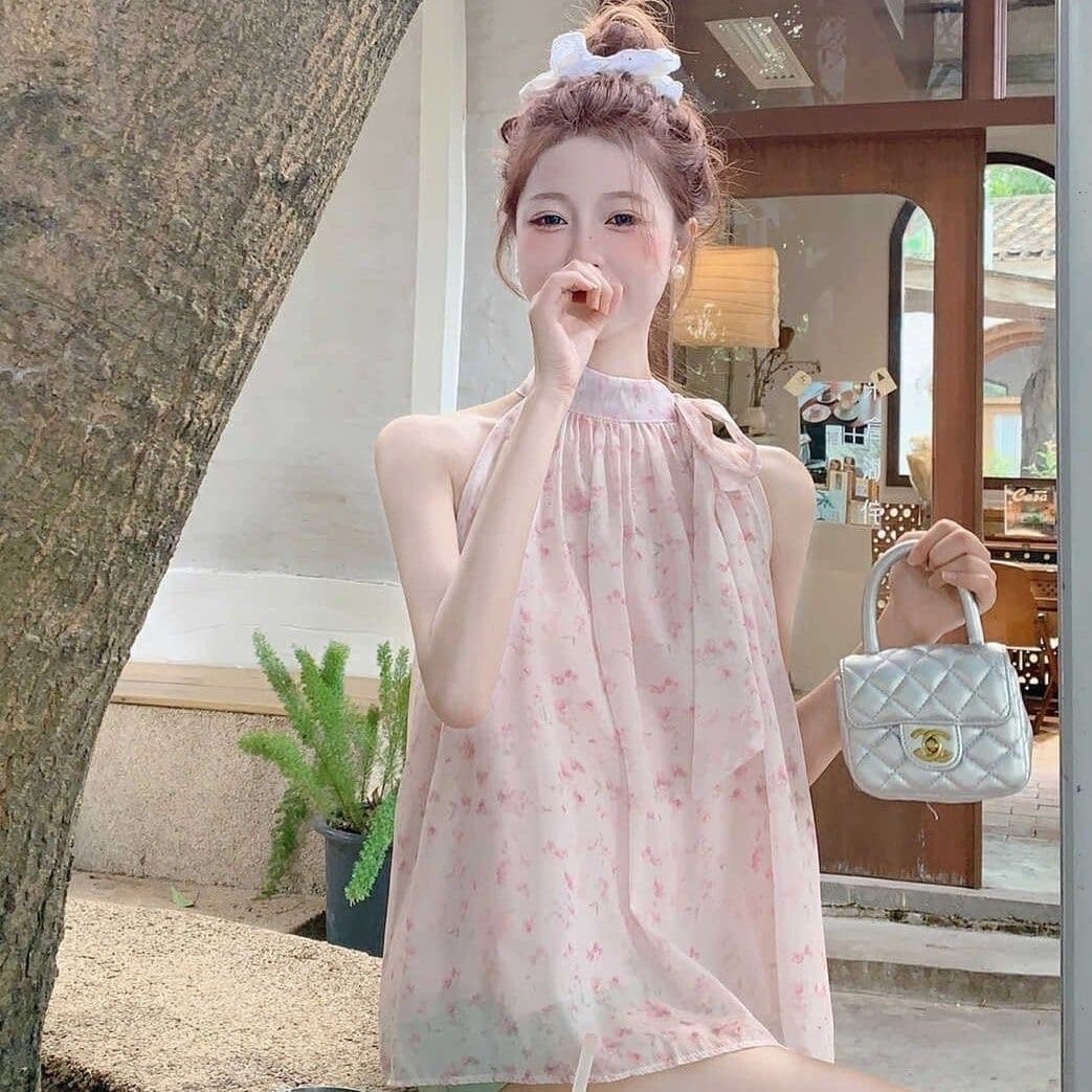 여름 Chic 핑크색 꽃무늬 조끼 셔츠 프랑스식 레트로 품격 달콤한 매운맛 오프숄더 바다 측면 민소매 가짜 맨위 상세 이미지 4