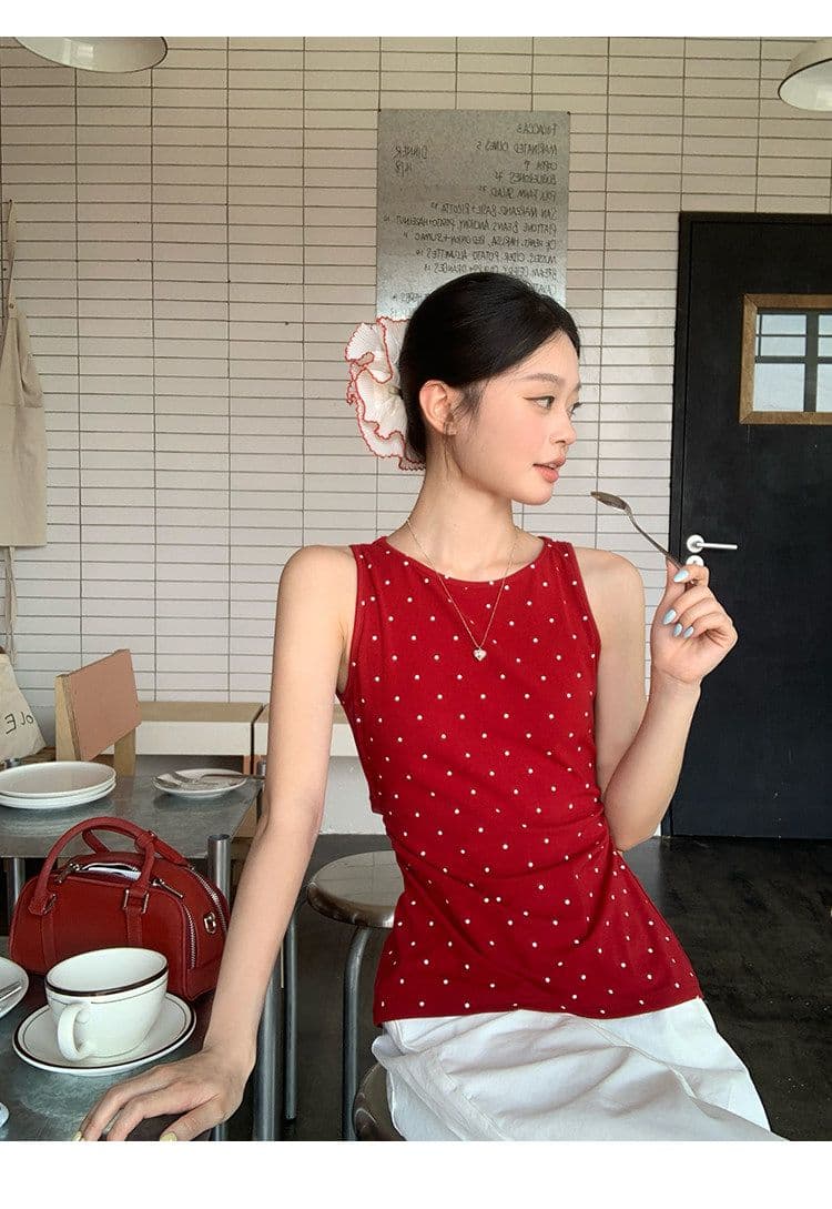 송 긍정적 인 En 한 부서 빨간색 도트 무늬 캐미솔 여름 프랑스식 몸매 가꾸기 인사이드 가져 가라. 외출용 민소매 작은 맨위 상세 이미지 9