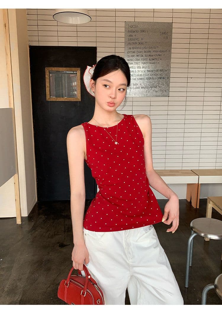 송 긍정적 인 En 한 부서 빨간색 도트 무늬 캐미솔 여름 프랑스식 몸매 가꾸기 인사이드 가져 가라. 외출용 민소매 작은 맨위 상세 이미지 12