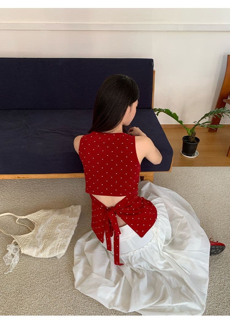 송 긍정적 인 En 한 부서 빨간색 도트 무늬 캐미솔 여름 프랑스식 몸매 가꾸기 인사이드 가져 가라. 외출용 민소매 작은 맨위 상세 이미지 14