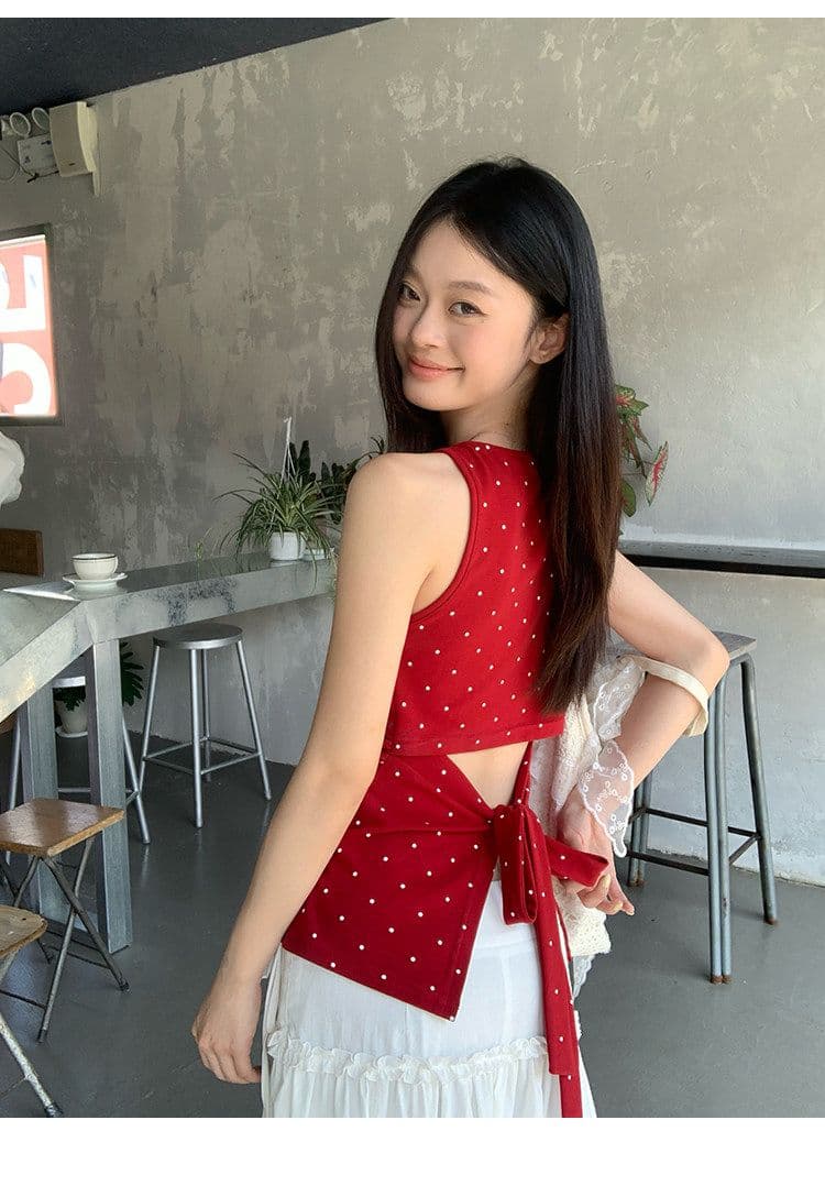 송 긍정적 인 En 한 부서 빨간색 도트 무늬 캐미솔 여름 프랑스식 몸매 가꾸기 인사이드 가져 가라. 외출용 민소매 작은 맨위 상세 이미지 17