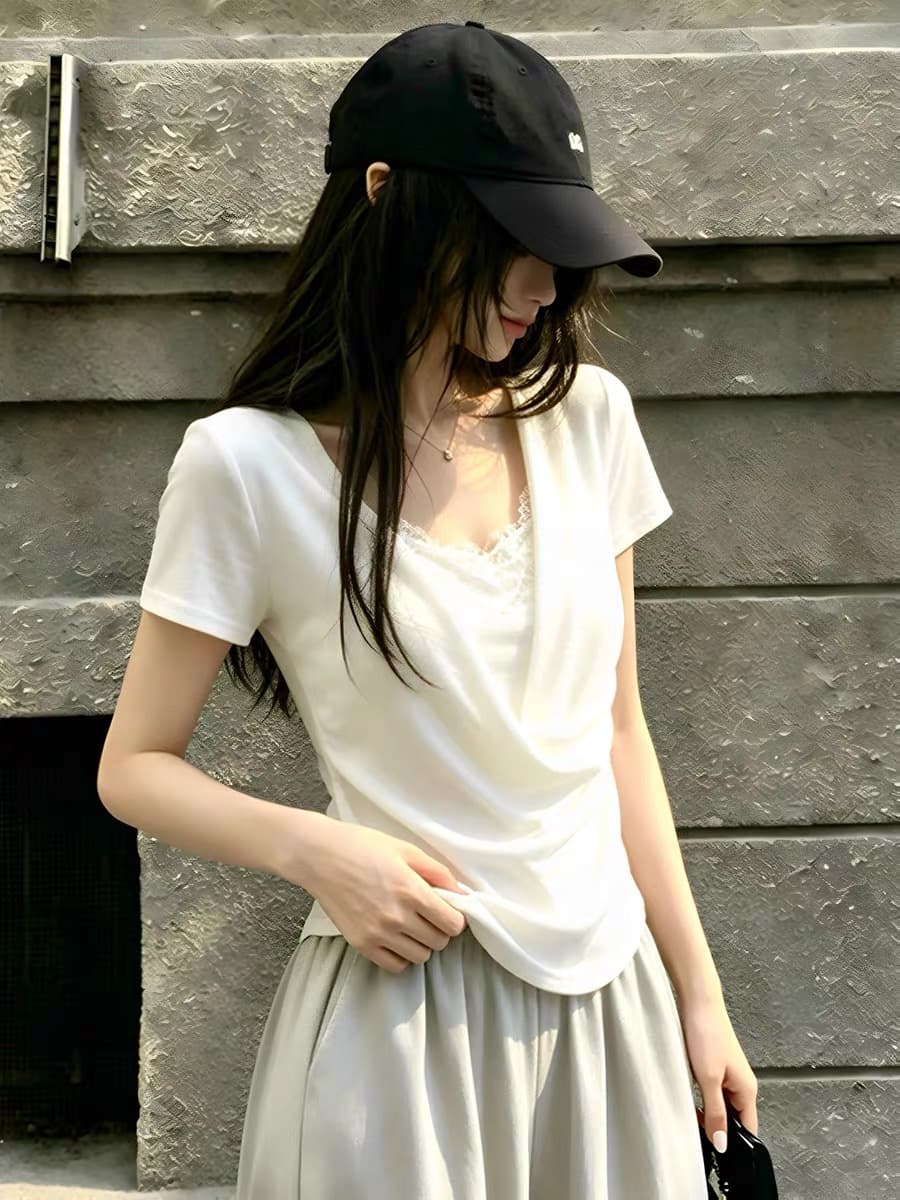 여름 프랑스식 미니멀리즘 u 칼라 페이크 레이어드 화이트 반팔 티셔츠 여성 레이스 조각 디자인 센스 슬림해 보이는 작은 대중 맨위 이미지 2