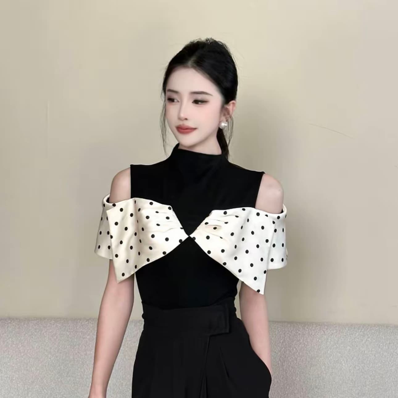 도트 무늬 패치워크 색상 오프숄더 티셔츠 여성 새로운 기본 셔츠 맨위