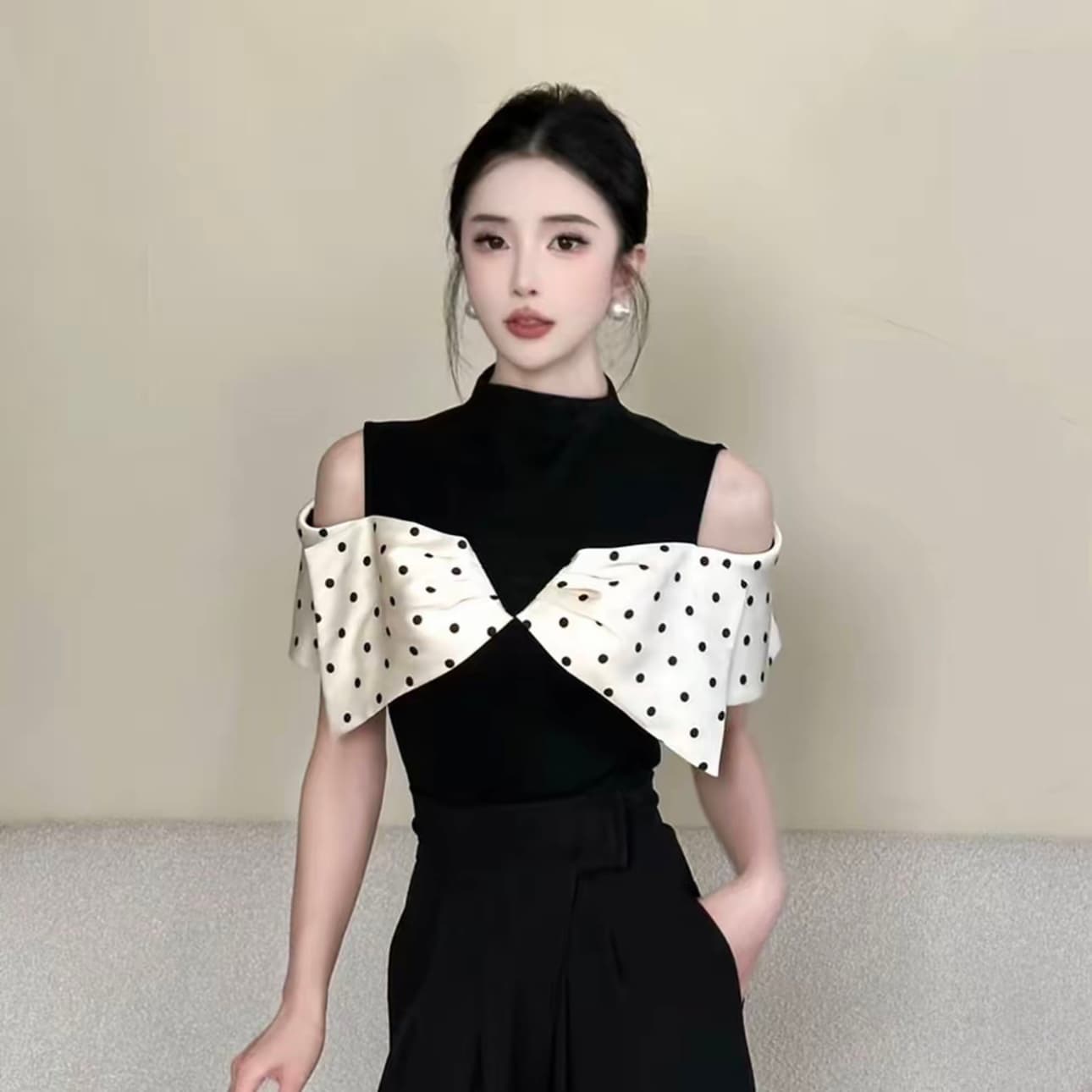 도트 무늬 패치워크 색상 오프숄더 티셔츠 여성 새로운 기본 셔츠 맨위 상세 이미지 1