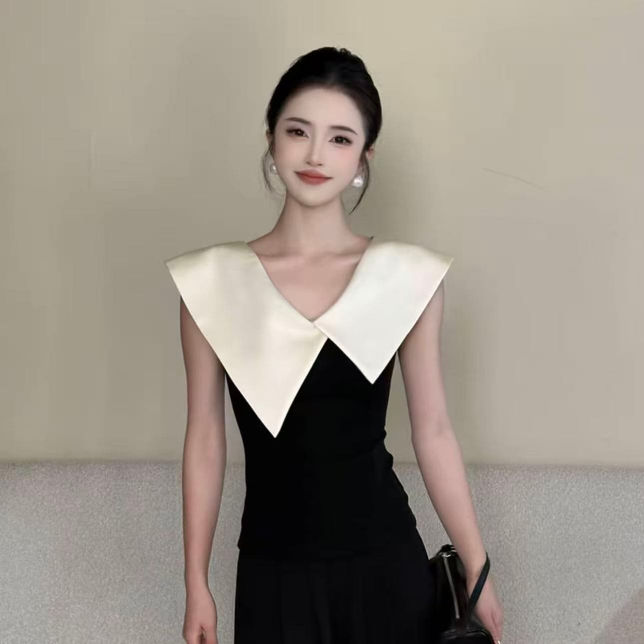 2026 새로운 라이 경기 서울 주간 실크 패치워크 색상 V넥 티셔츠 여성 기본 셔츠 맨위 상세 이미지 2
