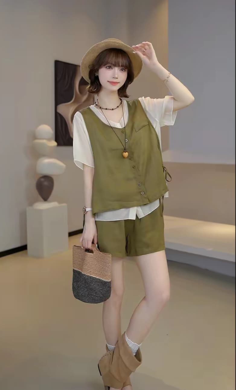 여름 디자인 섹션 주간 실크 라미 배색 패치워크 베스트 맨위 가져 가라. 반바지 슬림해 보이는 세트 상세 이미지 1