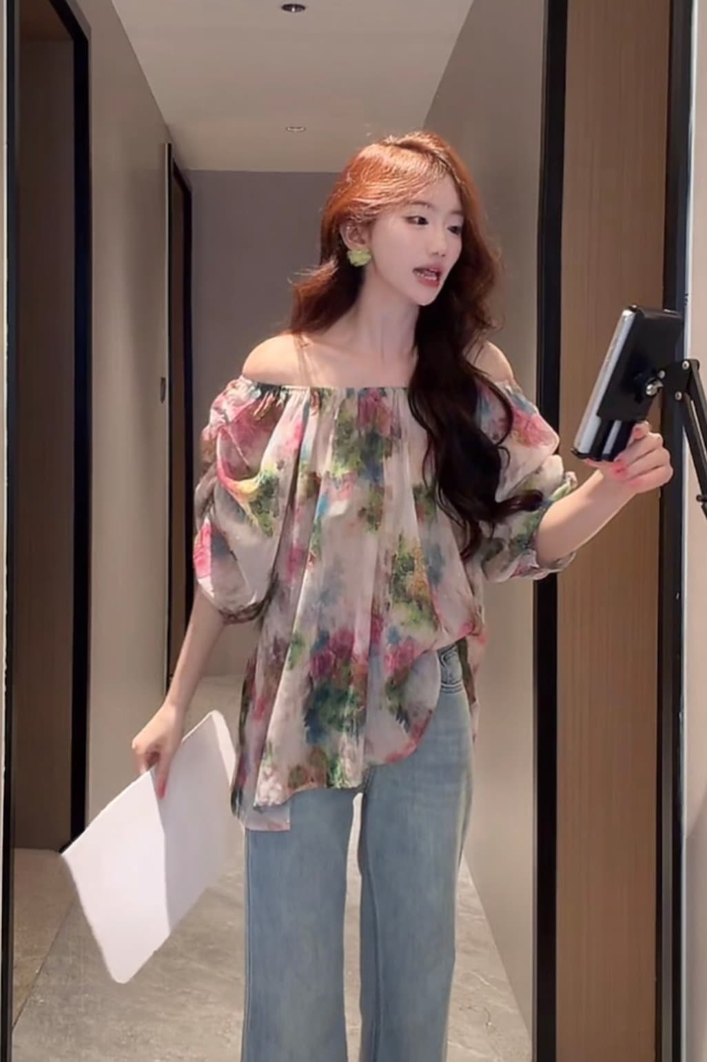 여름 오프숄더 프린트 셔츠 상세 이미지 5