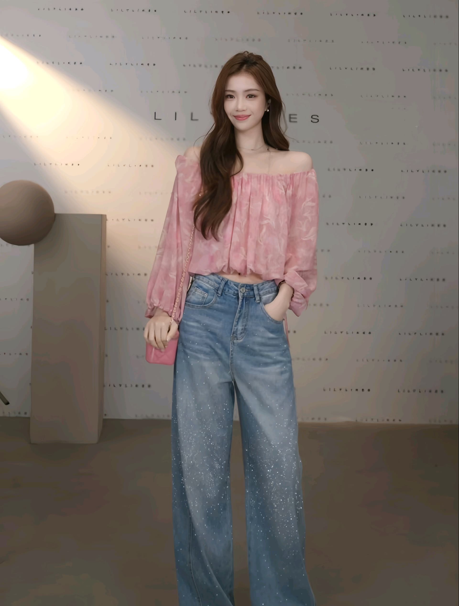 분말 안개 헤일로 염색 오프숄더 거품 소매 쉬폰 톱 잠금 해제 부드러운 순수한 욕망 분위기 센스 상세 이미지 1