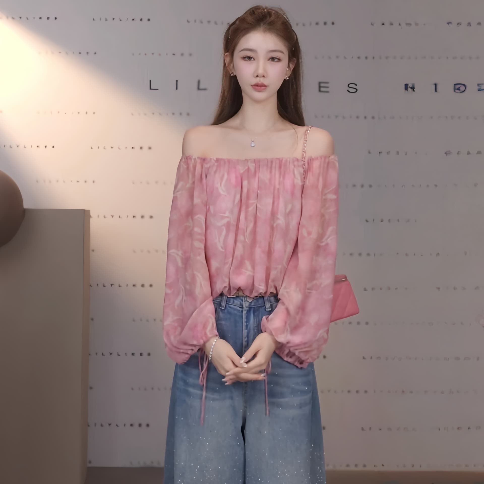 분말 안개 헤일로 염색 오프숄더 거품 소매 쉬폰 톱 잠금 해제 부드러운 순수한 욕망 분위기 센스 상세 이미지 2