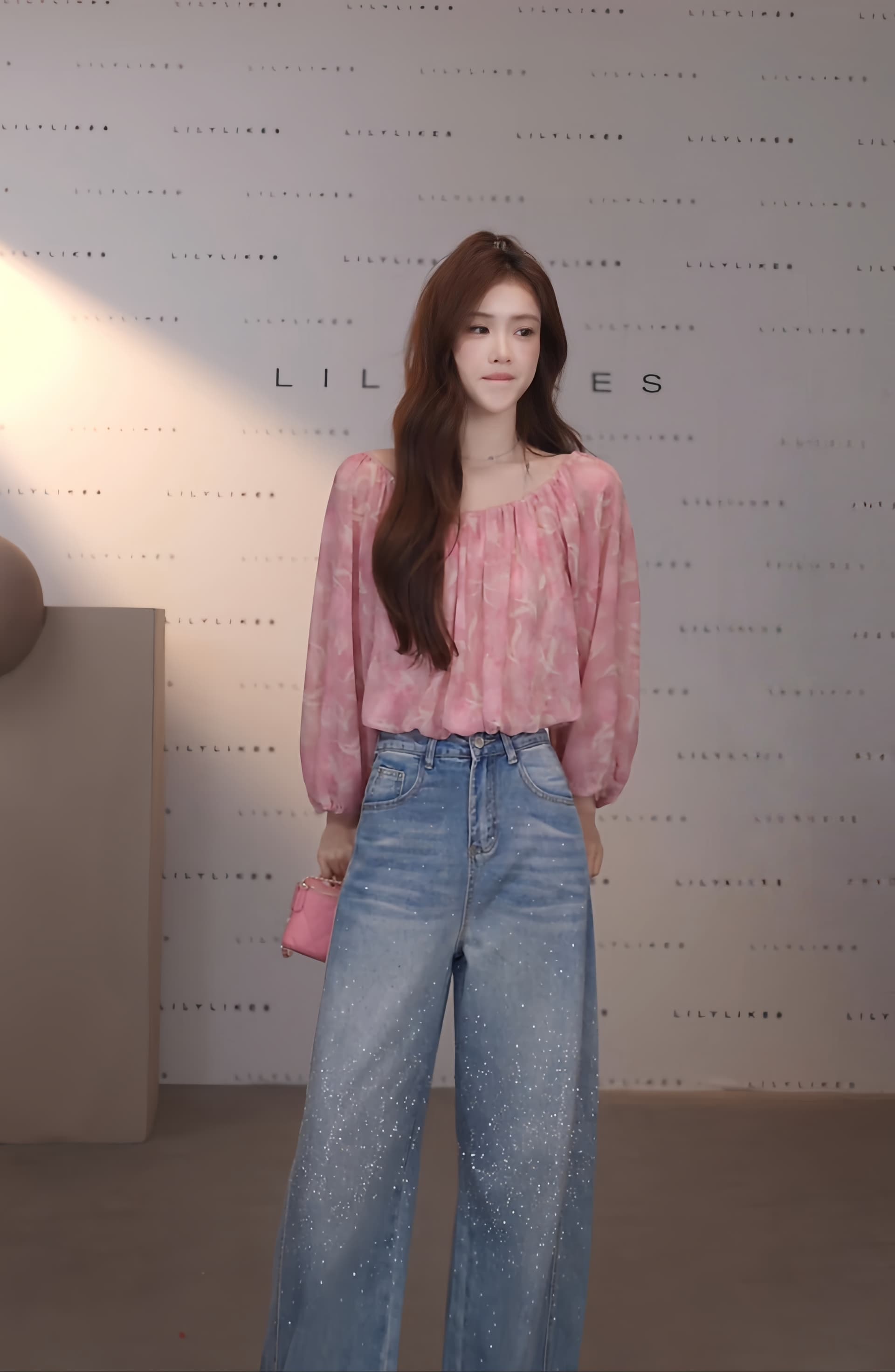 분말 안개 헤일로 염색 오프숄더 거품 소매 쉬폰 톱 잠금 해제 부드러운 순수한 욕망 분위기 센스 상세 이미지 3