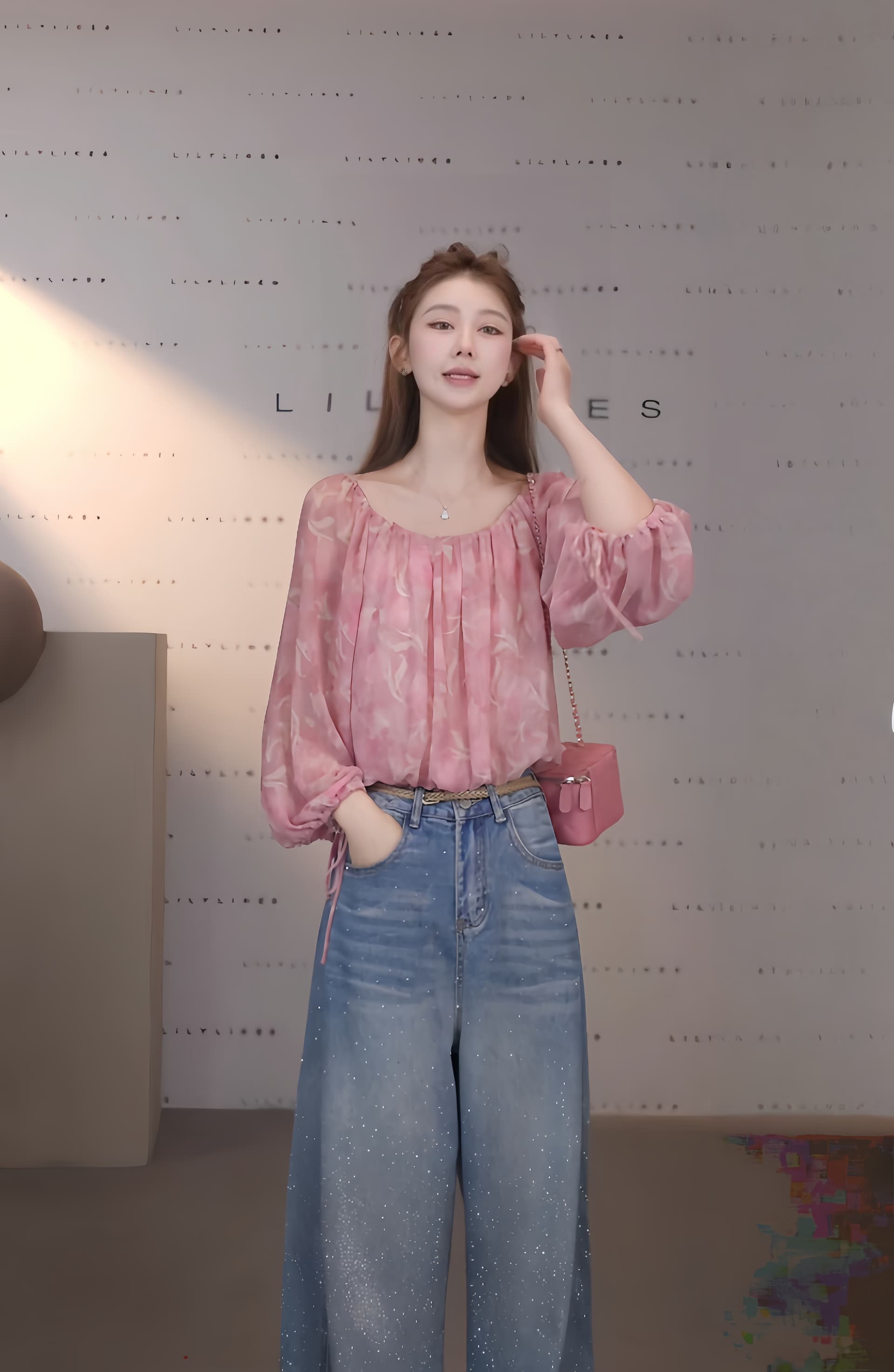 분말 안개 헤일로 염색 오프숄더 거품 소매 쉬폰 톱 잠금 해제 부드러운 순수한 욕망 분위기 센스 상세 이미지 4