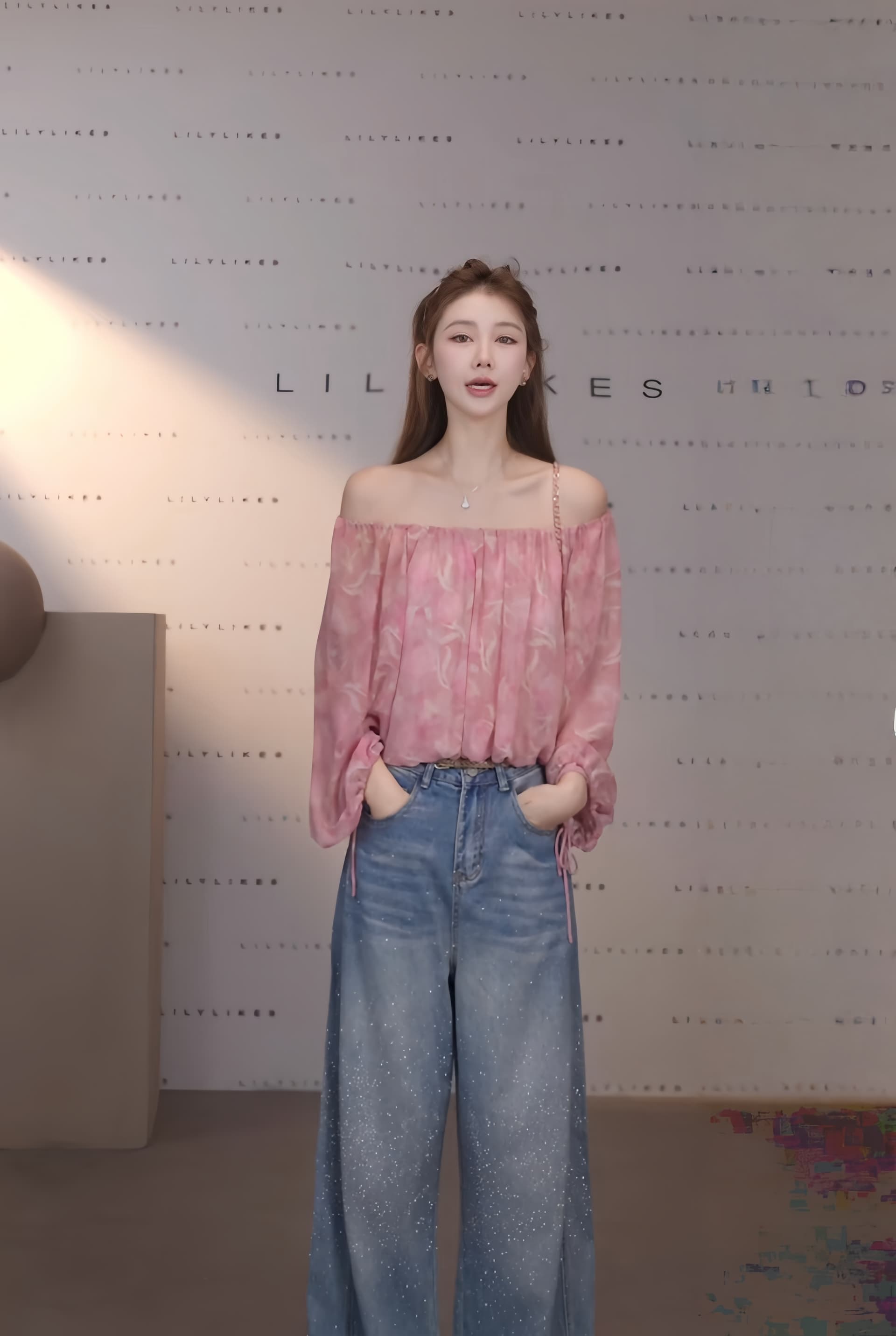 분말 안개 헤일로 염색 오프숄더 거품 소매 쉬폰 톱 잠금 해제 부드러운 순수한 욕망 분위기 센스 상세 이미지 5