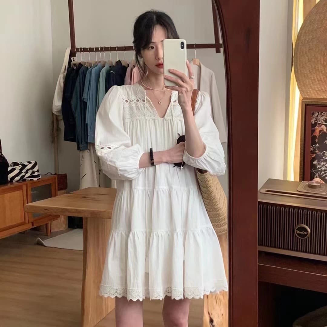 여름 드레스 새로운 여성 의류 화이트 홀로우 아웃 드레스 민족 스타일 새로운 중식 슬림해 보이는 미니 스커트 상세 이미지 3