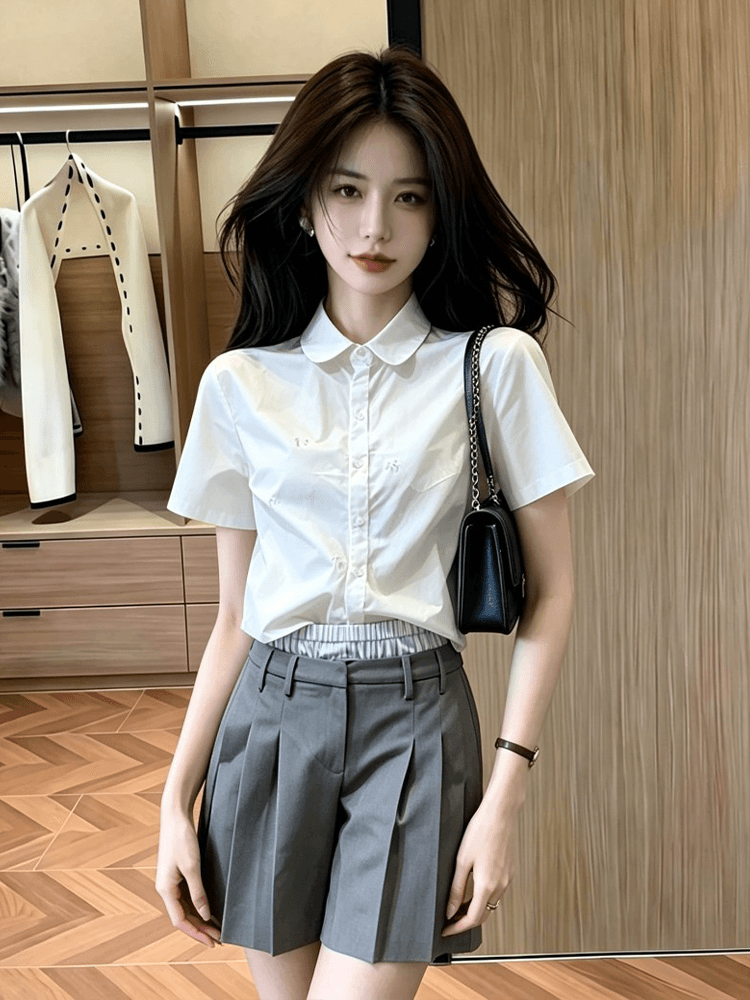 여름 한 부서 출퇴근 바람 폴로 칼라 반팔 여성 셔츠 디자인 센스 정장 오부 바지 세트 상세 이미지 4