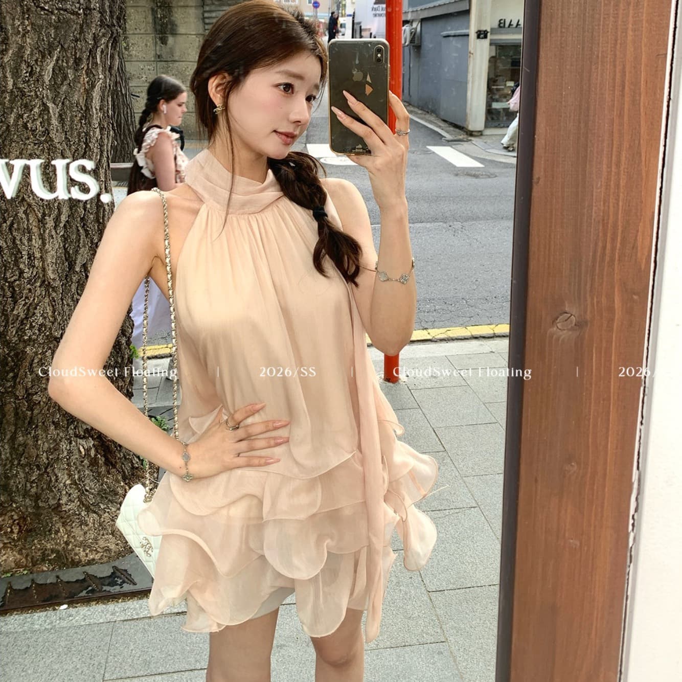 여름 분위기 센스 핑크색 행침 목 드레스 민소매 쇼트 스타일 케이크 드레스 투피스 세트 이미지 4