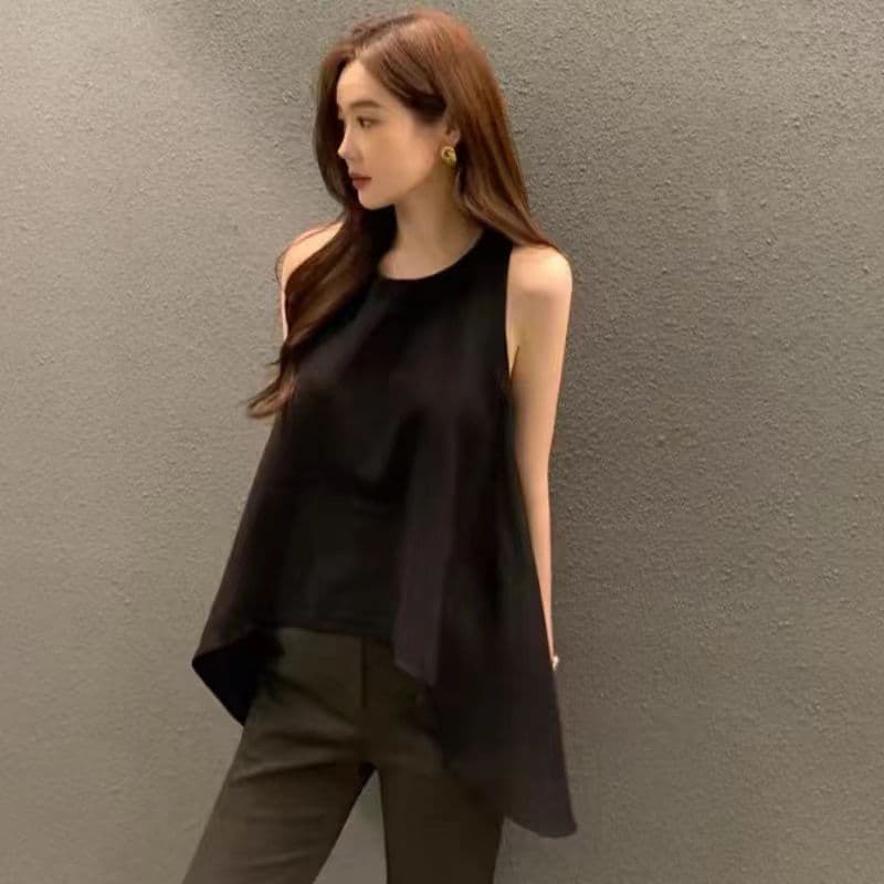 2026 한국 여름 프랑스식 레트로 우아함 품격 연령 감소 루즈핏 인형 셔츠 불규칙 제비꼬리 조끼 맨위