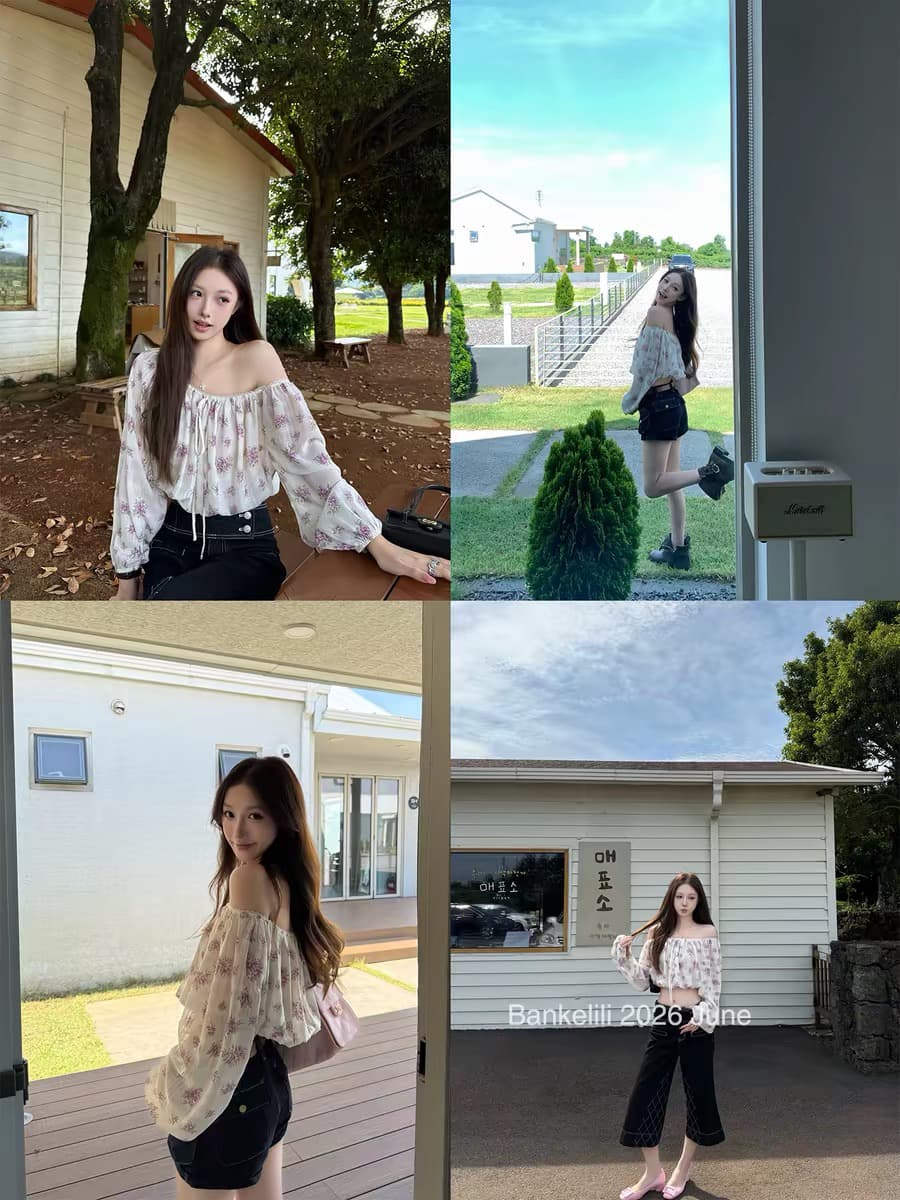 밤나무 코코아 bankelili rl 중년 꽃무늬 오프숄더 펌프 로프 꽃무늬 슬림해 보이는 연령 감소 여성 셔츠 여름 이미지 4