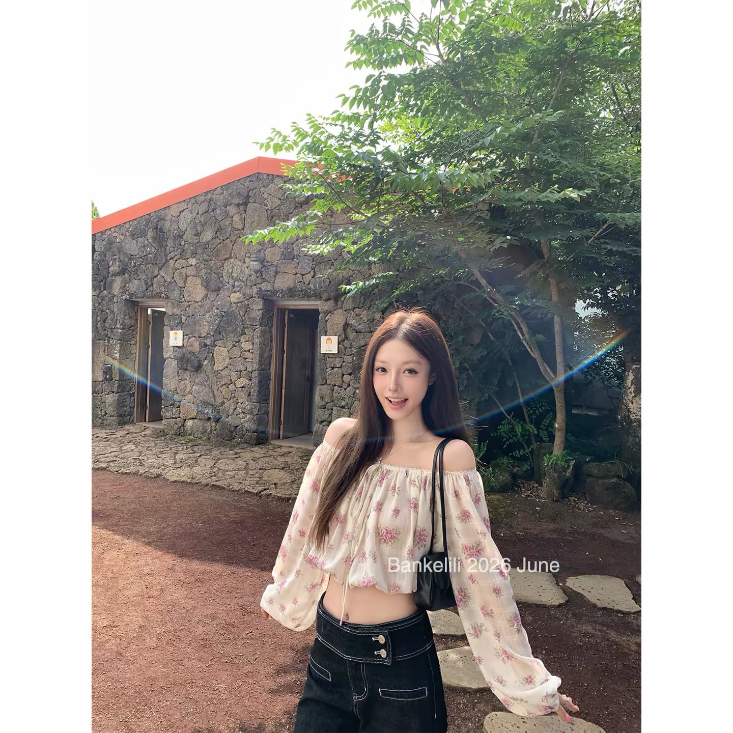 밤나무 코코아 bankelili rl 중년 꽃무늬 오프숄더 펌프 로프 꽃무늬 슬림해 보이는 연령 감소 여성 셔츠 여름 상세 이미지 1