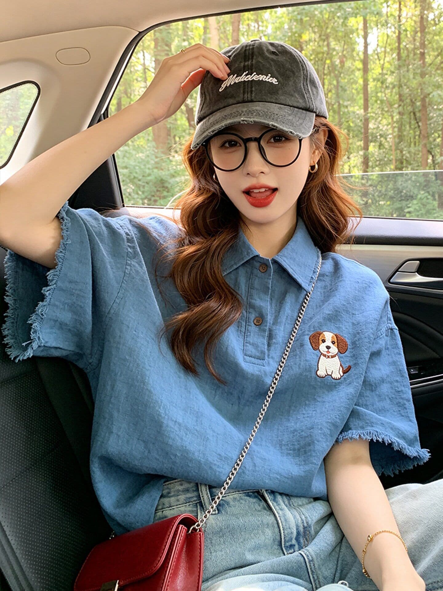 올해 인기 ~ 중 폭발 레트로 파란색 거친 가장자리 데님 반팔 티셔츠 작은 대중 아니요 명중 섹션 ~ 중 긍정적 인 어깨 의류 여름 상세 이미지 1