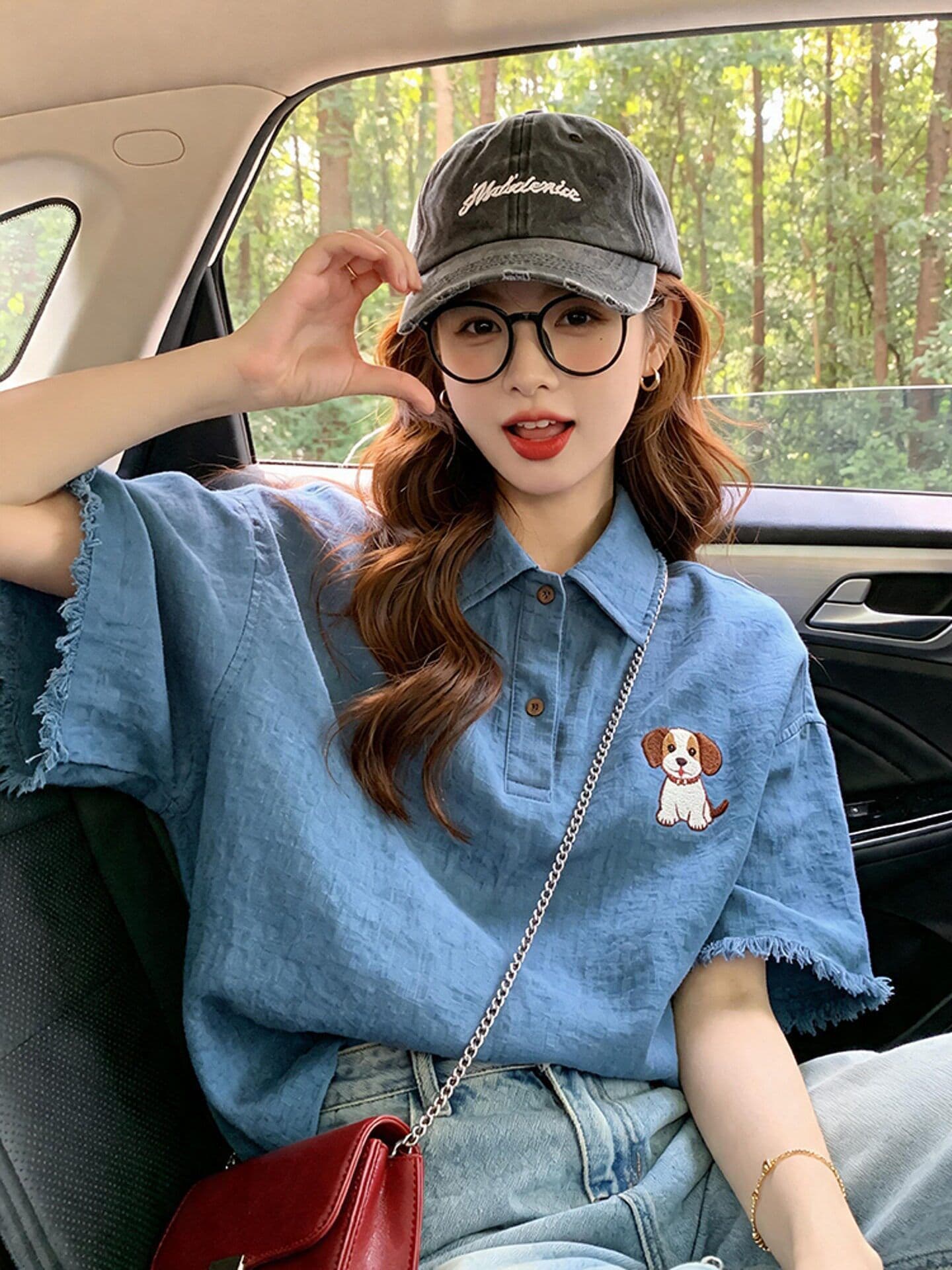 올해 인기 ~ 중 폭발 레트로 파란색 거친 가장자리 데님 반팔 티셔츠 작은 대중 아니요 명중 섹션 ~ 중 긍정적 인 어깨 의류 여름 상세 이미지 2