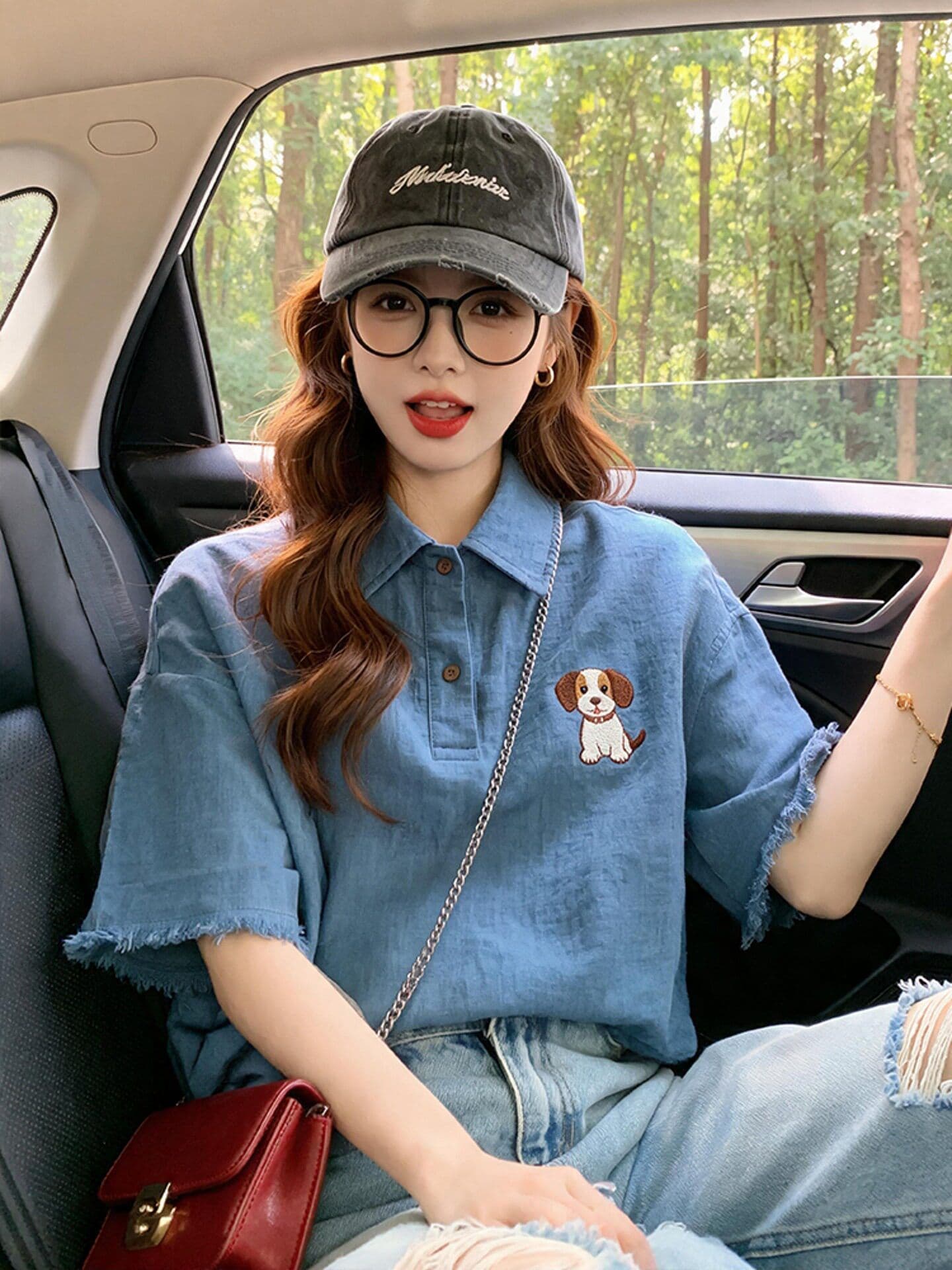 올해 인기 ~ 중 폭발 레트로 파란색 거친 가장자리 데님 반팔 티셔츠 작은 대중 아니요 명중 섹션 ~ 중 긍정적 인 어깨 의류 여름 상세 이미지 3