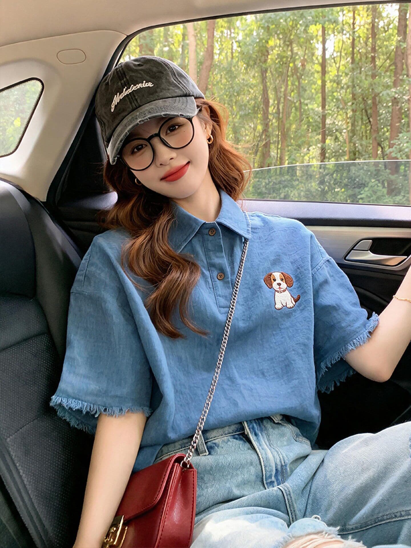 올해 인기 ~ 중 폭발 레트로 파란색 거친 가장자리 데님 반팔 티셔츠 작은 대중 아니요 명중 섹션 ~ 중 긍정적 인 어깨 의류 여름 상세 이미지 4