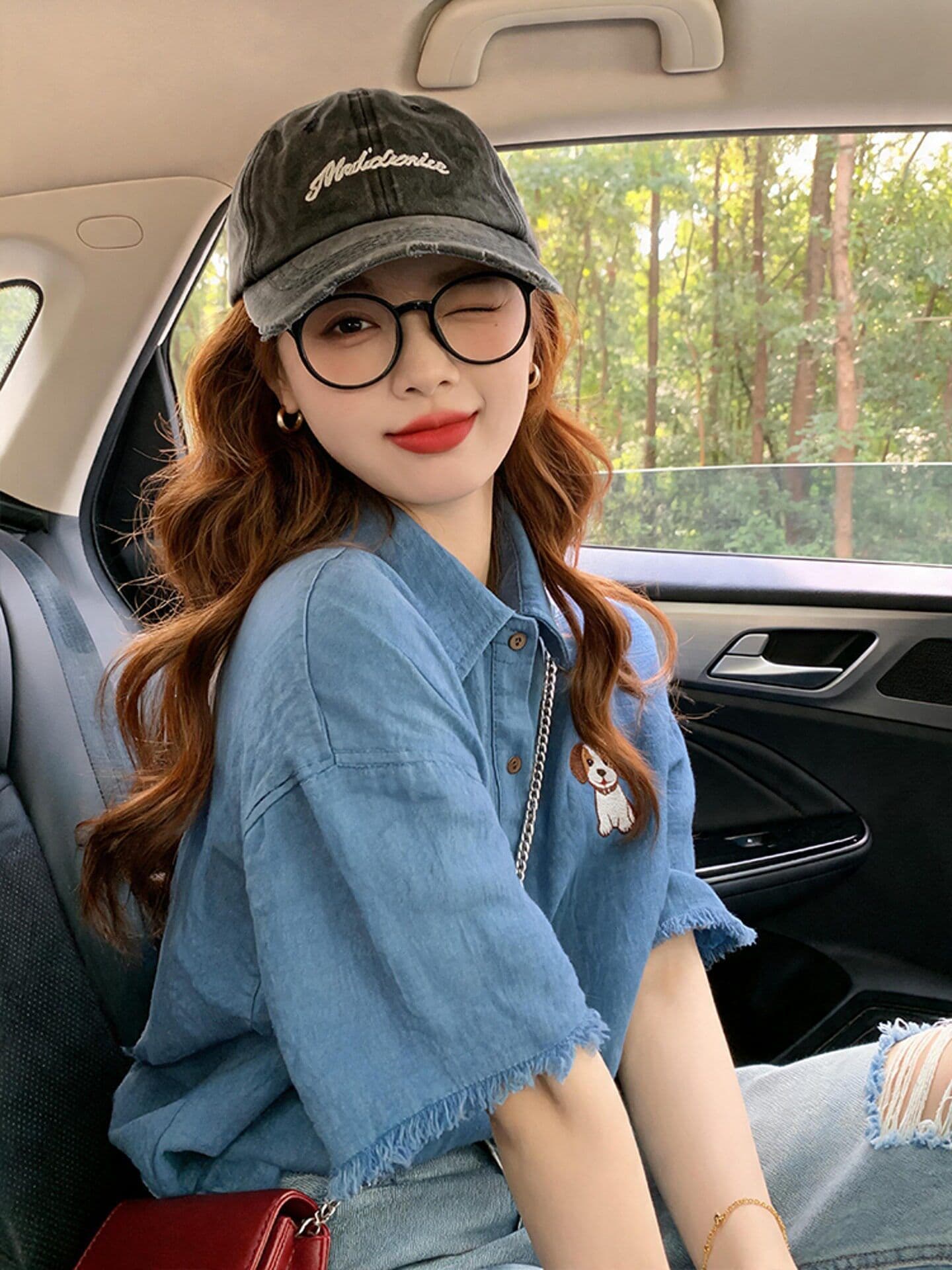 올해 인기 ~ 중 폭발 레트로 파란색 거친 가장자리 데님 반팔 티셔츠 작은 대중 아니요 명중 섹션 ~ 중 긍정적 인 어깨 의류 여름 상세 이미지 5