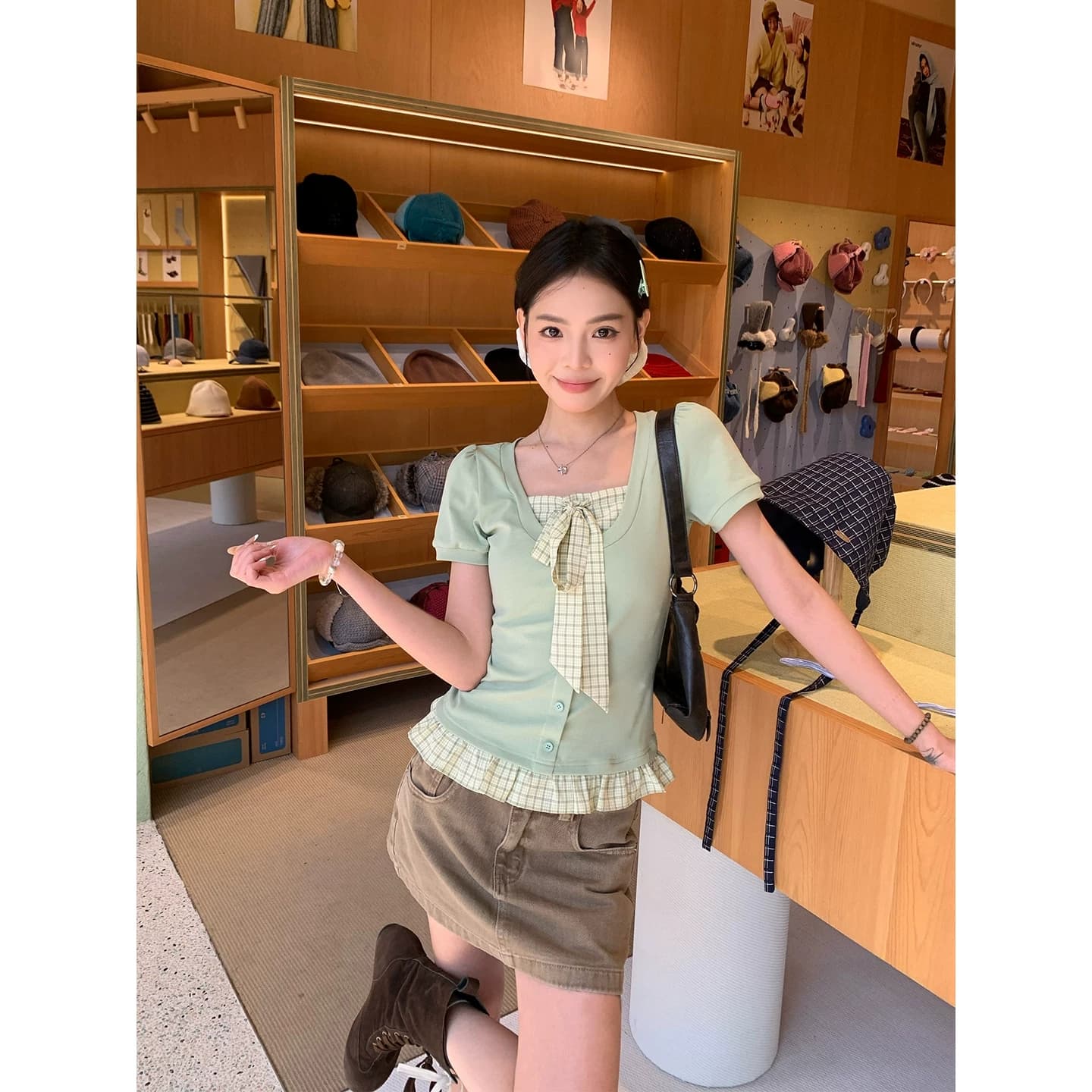 여름 한 부서 문예 신선함 나비 매듭 디자인 센스 작은 맨위 녹색 페이크 레이어드 반팔 티셔츠 여성 상세 이미지 1