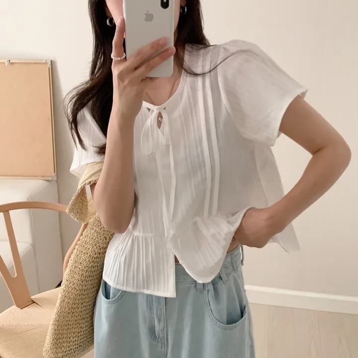 chic 한 부서 여름 부드러운 달콤함 나비 매듭 주름 장식 디자인 센스 Feifei 소매 패션 다용도 셔츠 맨위 이미지 4