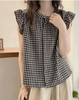 여름 슬림해 보이는 다용도 쉬폰 셔츠 캐주얼 미니멀리즘 맨위 여성 달콤함 연령 감소 Feifei 소매 체크무늬 셔츠 상세 이미지 1