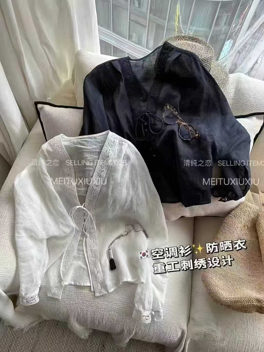 고급 센스 V넥 레이스 레이스 반팔 셔츠 오픈 가디건 여성 여름 얇은 스타일 작은 셔츠 루즈핏 프랑스식 맨위 상세 이미지 4