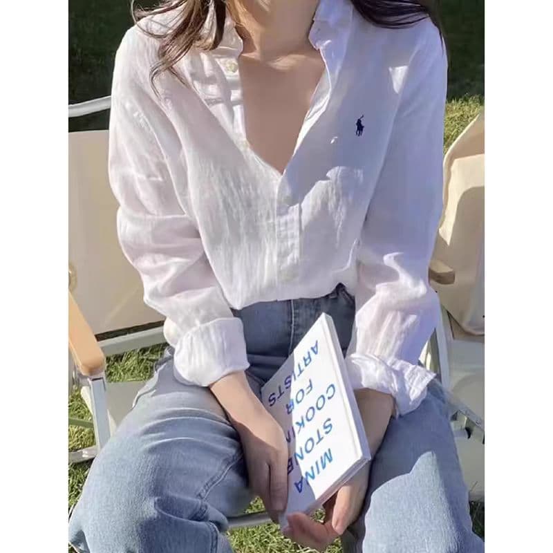 2026 새로운 작은 말 표준 찌르다 의류 아마 화이트 긴팔 캐주얼 루즈핏 작은 대중 자외선 차단 셔츠 상세 이미지 1