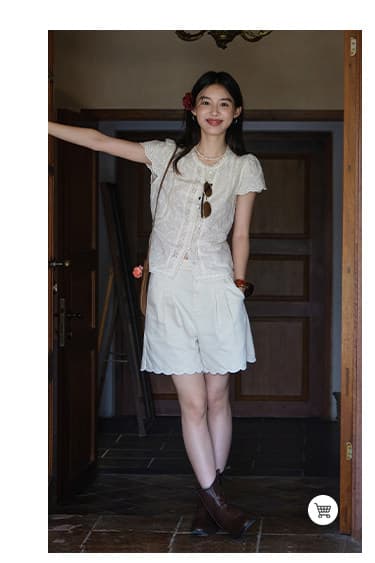 프랑스식 낭만주의 바람 홀로우 아웃 레이스 레이스 자수 라운드 넥 반팔 여성 셔츠 여름 새로운 연령 감소 슬림해 보이는 맨위 상세 이미지 4